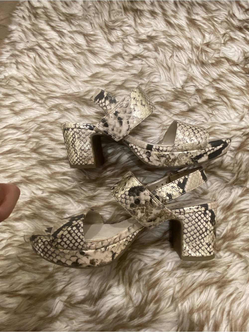 Anne Klein Beige Snake-Print Block Heel Sandals